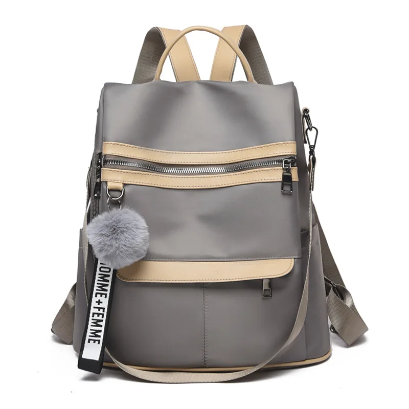 

2021 New Arrivals Women Oxford Cloth Backpack Hair Ball Pendant Solid Color Design College Style Series Fashion Schoolgirl's Bag