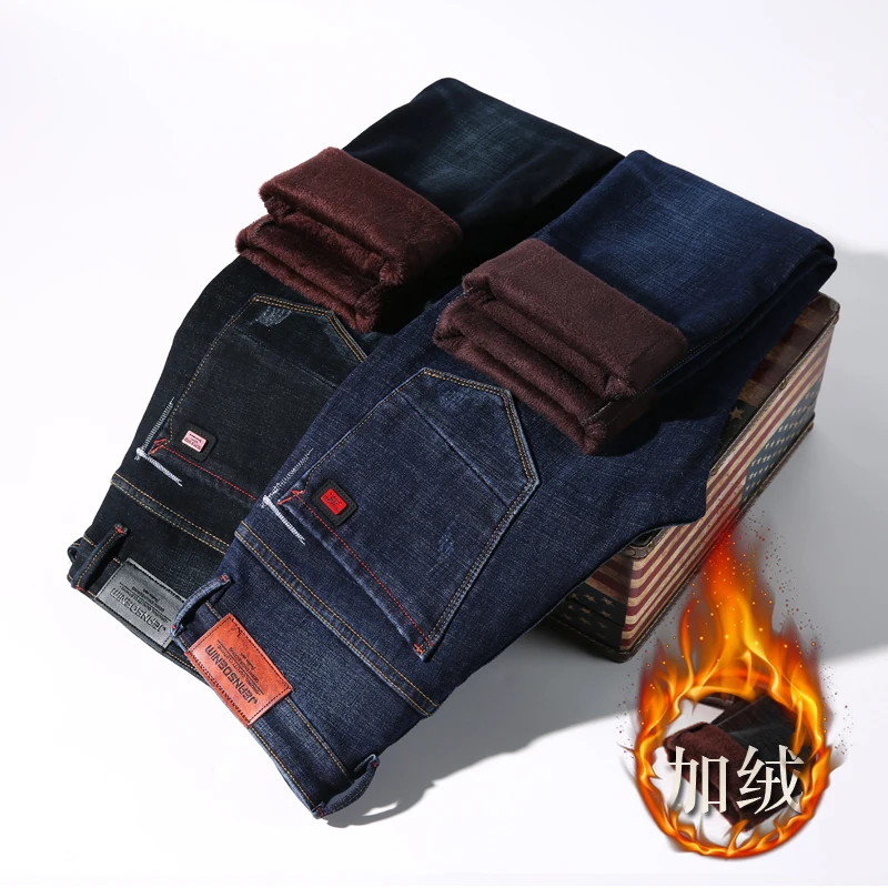 

2021 зимние трендовые брендовые плотные теплые эластичные джинсы на флисе, Классические Кожаные Молодежные мужские зауженные джинсы-каранда...