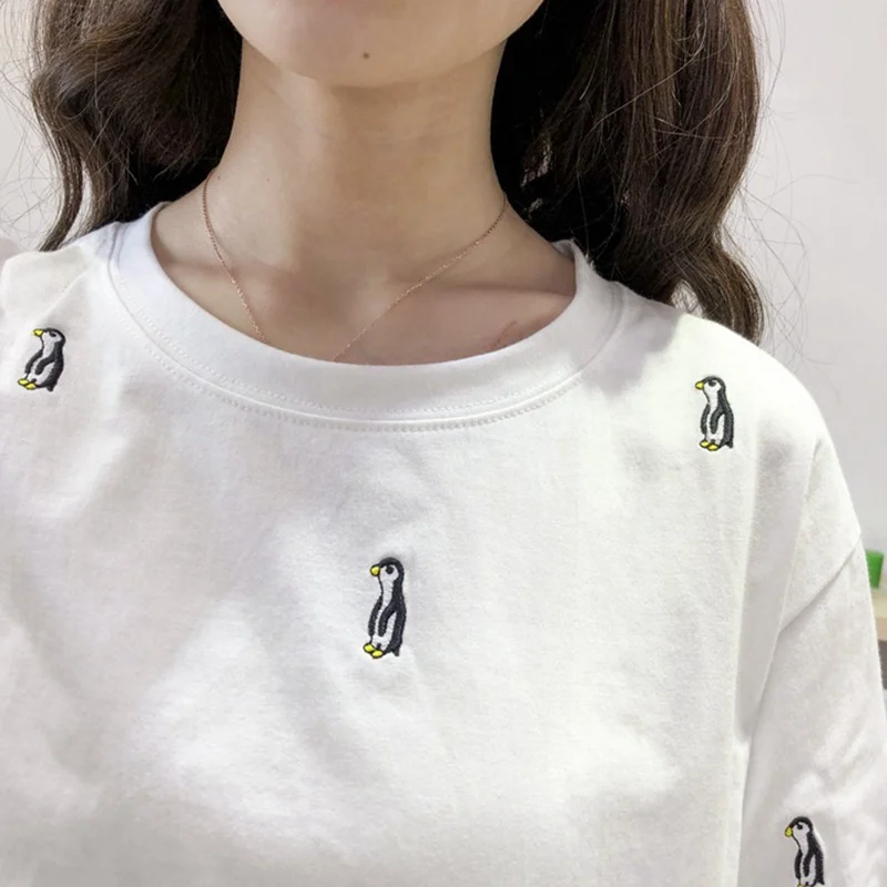 

summer plus size 6XL 8XL embroidery women tshirt short sleeve penguin oversize tees cotton korea style tops home loose black 60
