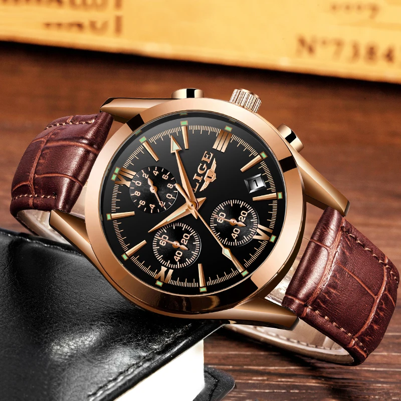 Montre homme LIGE модные золотые Для мужчин s часы кожа аналоговые кварцевые часы Для мужчин возможностью погружения на глубину до 30 м Водонепроницаемый спортивные с секундомером и календарем, мужские часы+ коробка