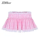 Юбка-трапеция с кружевным подолом для мужчин и женщин, пикантная плиссированная мини-юбка, школьная нижнее белье Sissy, Повседневная Юбки Gingham