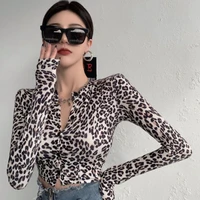 spring season exposed navel top short work clothes leopard print vintage tight bottomed cardigan net red t shirt