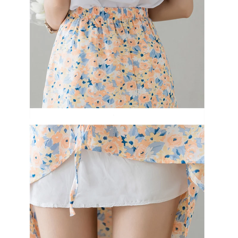 

Drawstring Chiffon Floral Midi Skirt Elastic High Waist Women Summer Irregular A-Line Womens Skirts 2021 Faldas Largas Elegantes