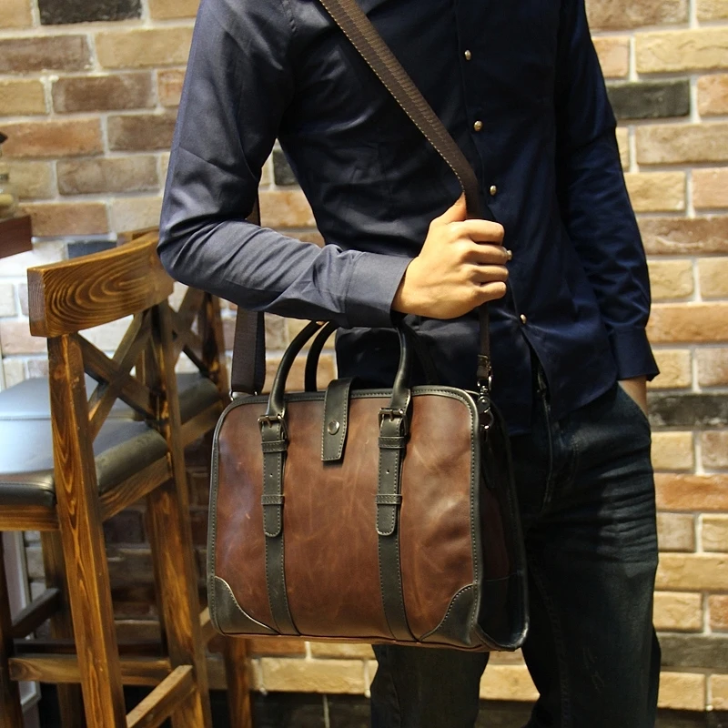 Искусственная кожа Crazy Horse мужской портфель Vintage14 дюймов Большая деловая сумка для ноутбука модная коричневая сумка через плечо