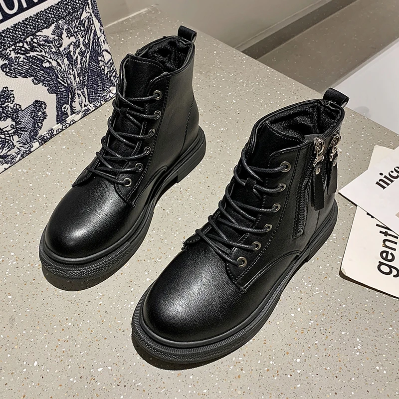 2021 Spring Autumn Leather Shoes for Women Fashion High-top Lace-up Shoes Thick Bottom Casual Short Tube Shoes Zapatillas Mujer