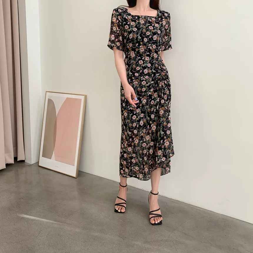 

Summer Elegant Floral Dress For Women Square Collar Drawstring Pleated Short-Sleeved Chiffon Dress Female Vestidos