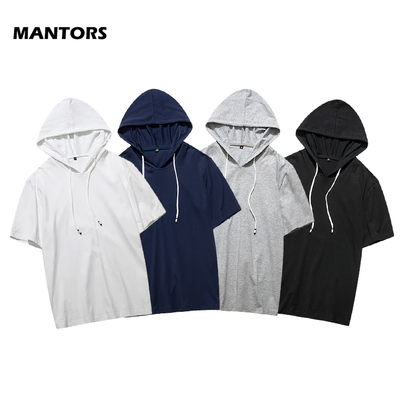 Мужская хлопковая футболка с капюшоном Повседневная однотонная свободная