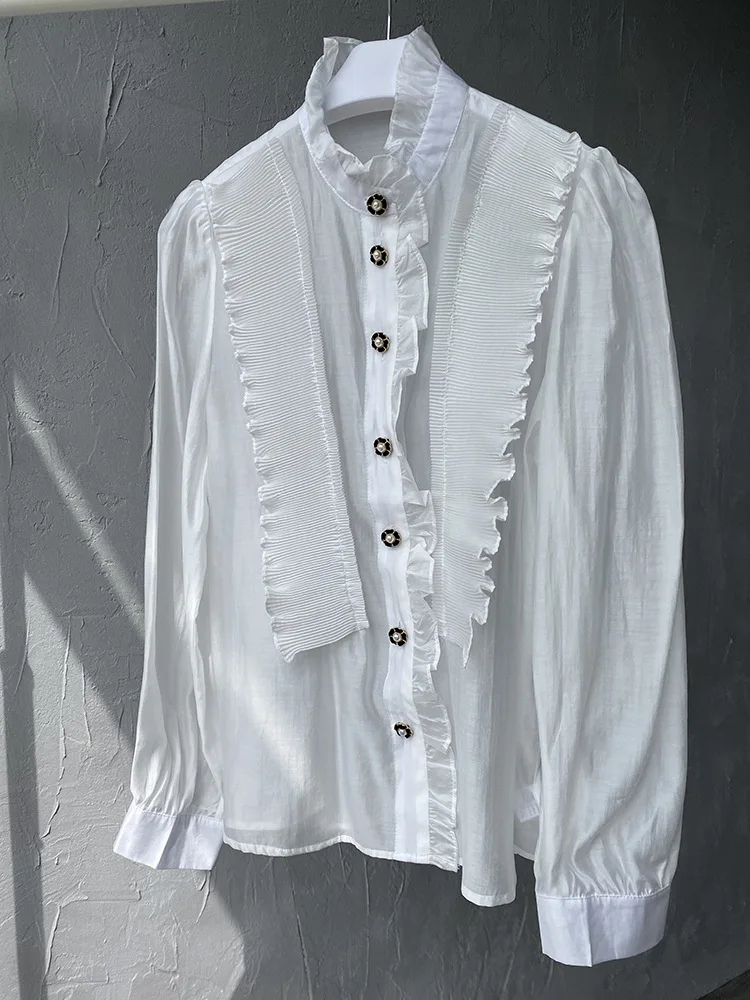 

White fungus edge white shirt female spring 2021 new ruffles collar design women's chiffon long sleeve blouse