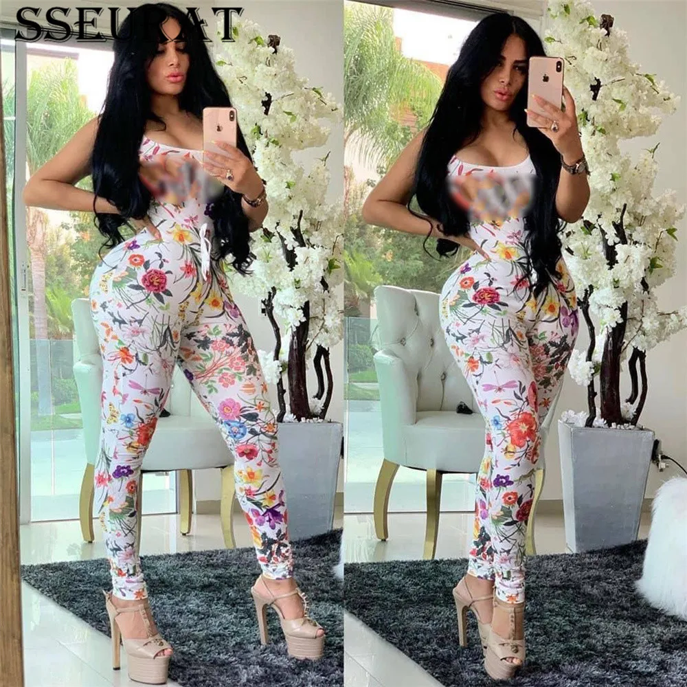 

SSEURAT Sexy Club Party Print Women's Set Crop Tops Legging Pants Set Two Piece Fitness Outfit 2021