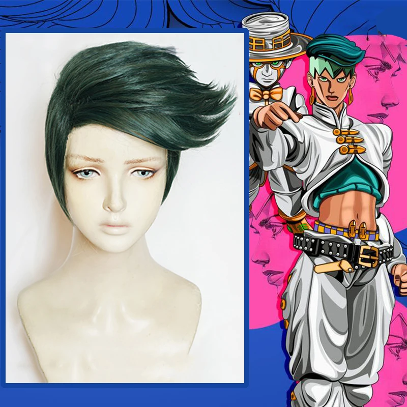 

Anime Comic Jojo’s Bizarre Adventure Cosplay Wigs Rohan Kishibe Cosplay Wig Synthetic Wig Cosplay Accessories Short Green Men