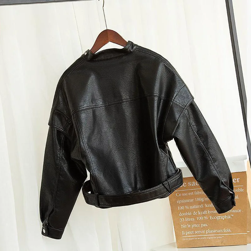 Женская кожаная куртка свободная Мягкая красная из искусственной кожи Черная