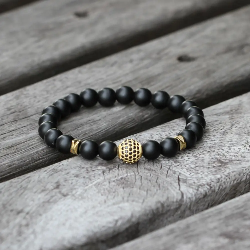 Мужской Эластичный браслет черный 8 мм с микроинкрустацией 10 из черного/белого