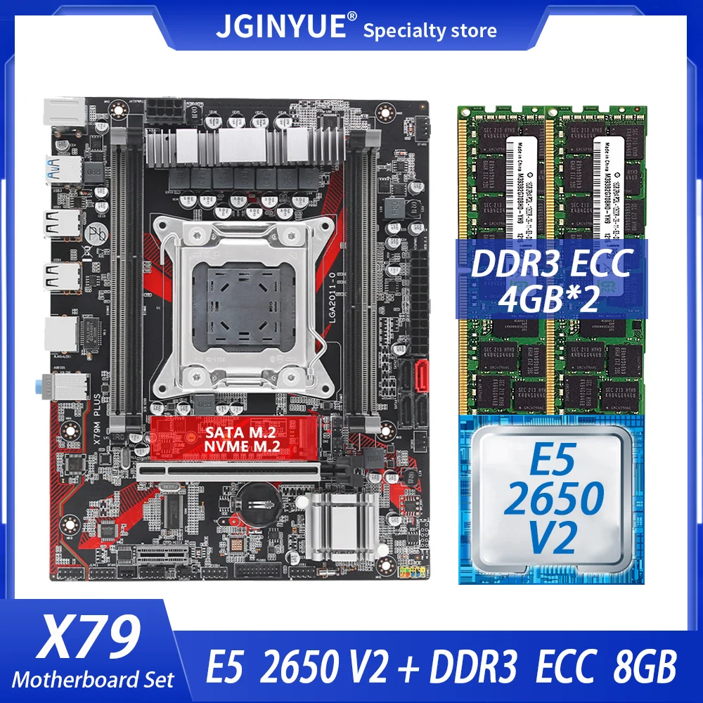 

JGINYUE X79 Motherboard LGA 2011 Set Kit With Xeon E5 2650 V2 CPU Processor DDR3 ECC 8GB (4GB*2) RAM Memory NVME M.2 X79M PLUS