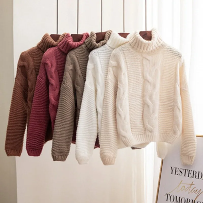 Повседневный женский свитер с высоким воротником вязаный пуловер длинным