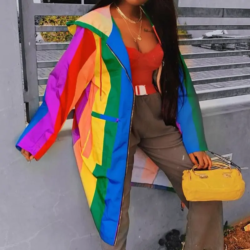 Радужные худи Повседневное длинный плащ пальто уличной моды женские ветровки
