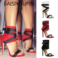 summer new white fashion cross straps thin and simple super high heel sexy sandals mixed colors party flock zipper dress
