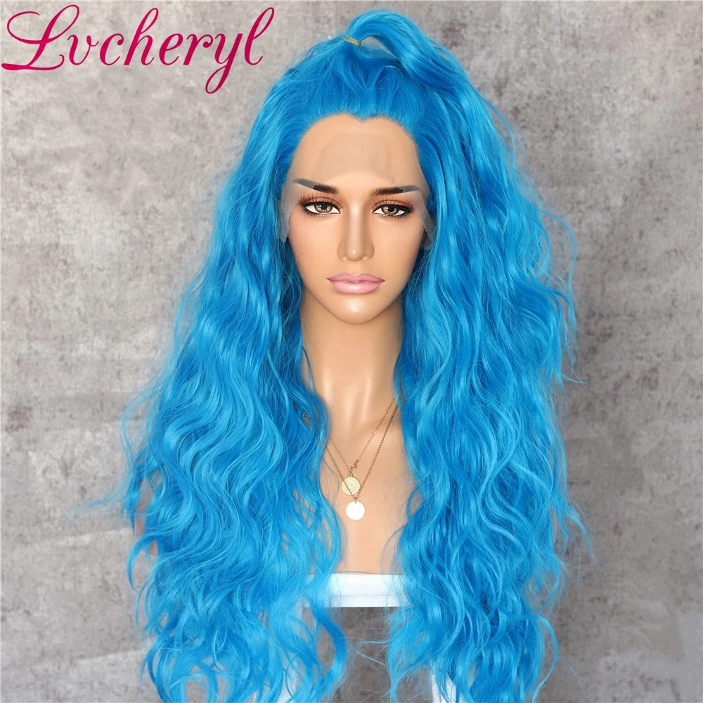 Lvcheryl 13X3 парики на шнурках спереди смешанный синий цвет длинные натуральные волнистые синтетические парики на фронте
