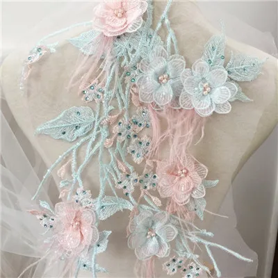 pink green 2 шт. бежевые жемчужные бисерные 3D кружевные цветы страусиные перья кружева pacth мотив танцевальные костюмы - Цвет: pink green