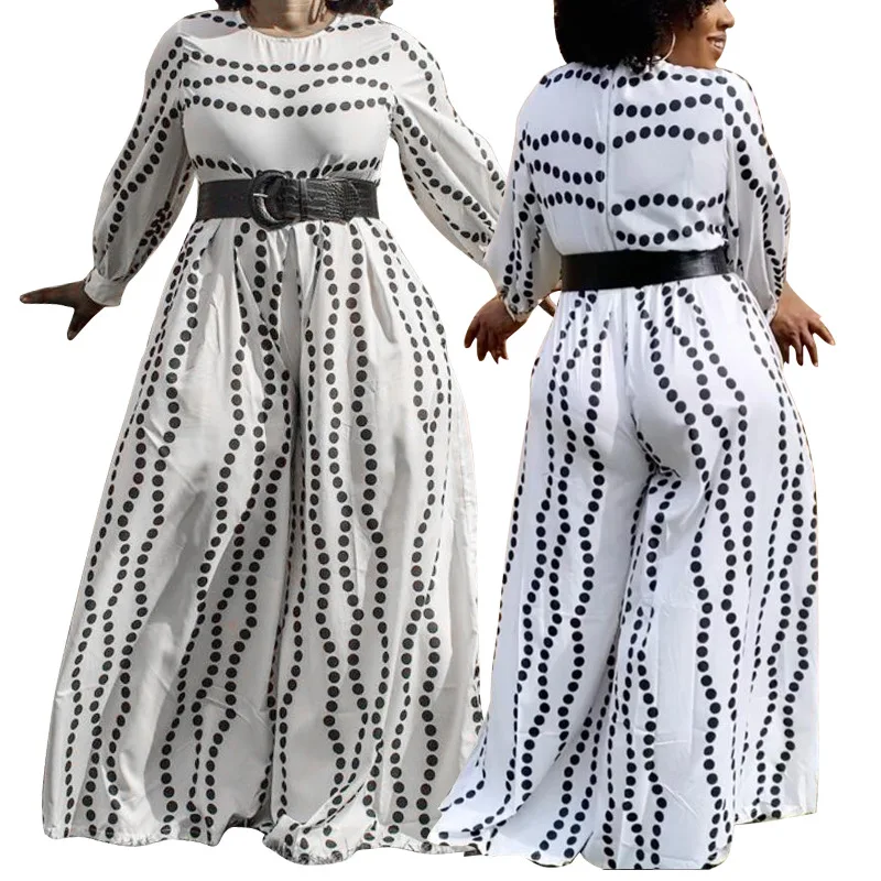 

Plus Size Jumpsuits for Women 2020 Long Sleeve Wave Dot Wide Leg Romper Casual Ladies Sashes Jumpsuit Wholesale Dropshipping