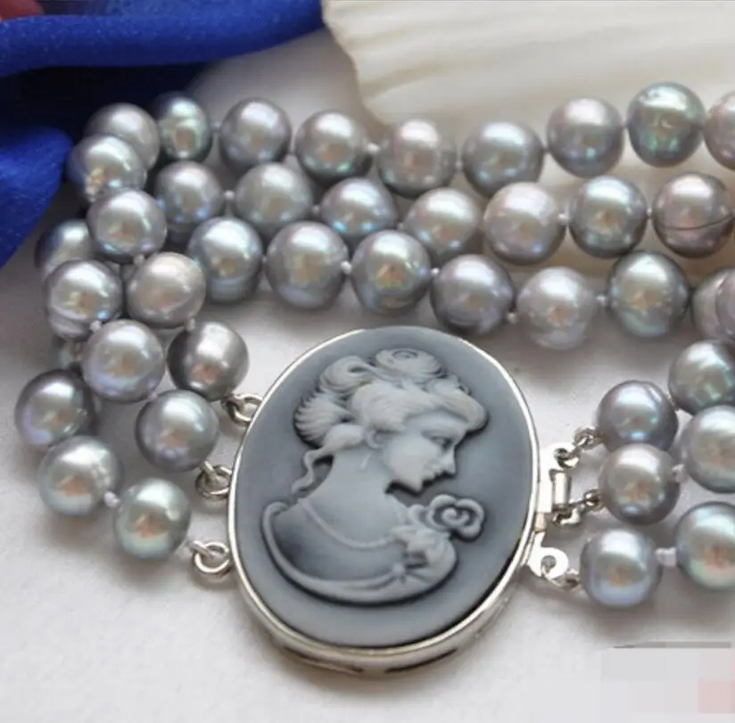 

Free Shipping 3row 8" GRAY ROUND FRESHWATER PEARL BRACELET