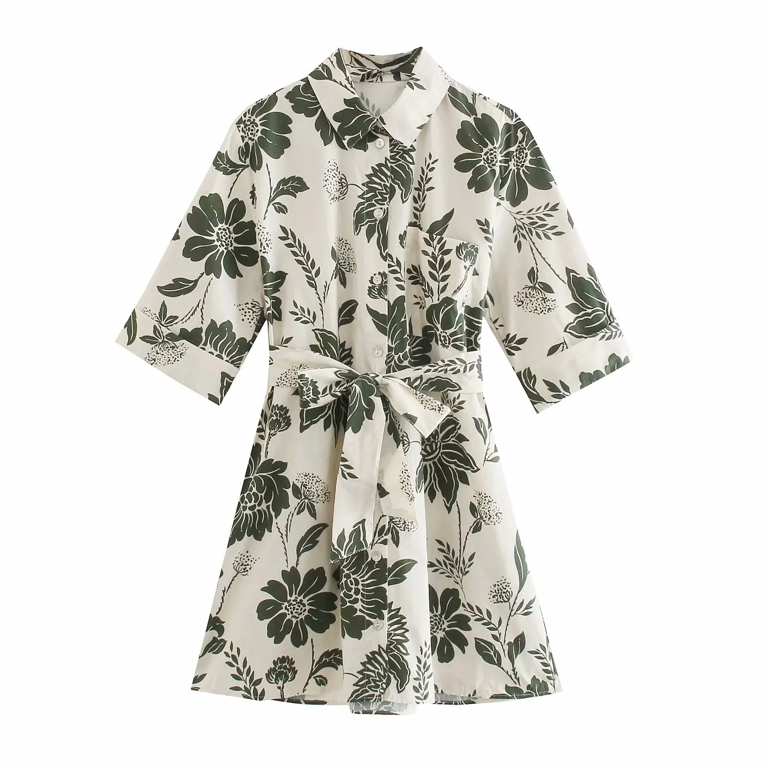 

Женское винтажное платье-рубашка Za, голубое офисное платье на пуговицах с цветочным принтом и коротким рукавом, с поясом, лето 2021