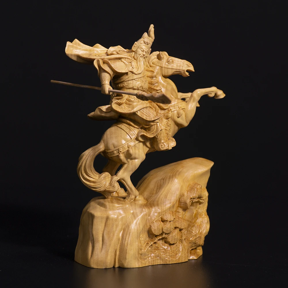 Деревянная статуя Guan Yu 15 см резьба из самшита богатство Бог удача езда Гуань гонг