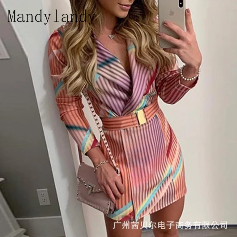 

Mandylandy Women's Dress Fashion Elegant Striped Belt Wrist Sleeves V Neck Summer Women Mini Dress