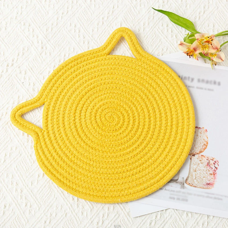 

Placemat Pad Coasters Kitchen Table Mats Cotton Linen Knitting Bowl Mats Padding Mat Insulation Pad Cat Ear Placemats