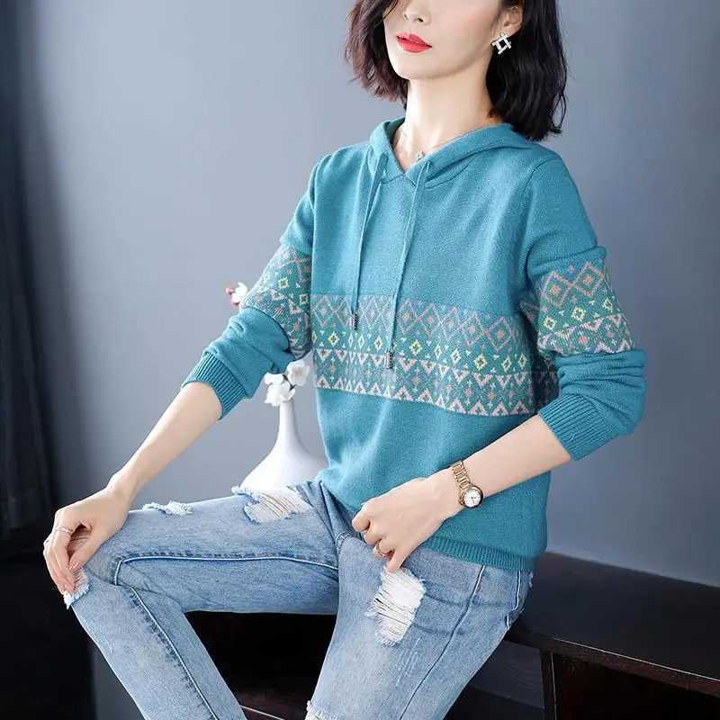 

Свитер свободного кроя, пуловер с длинным рукавом, толстовка, повседневный теплый свитер, топ с капюшоном, вязаный свитер, Осень-зима, новая ...