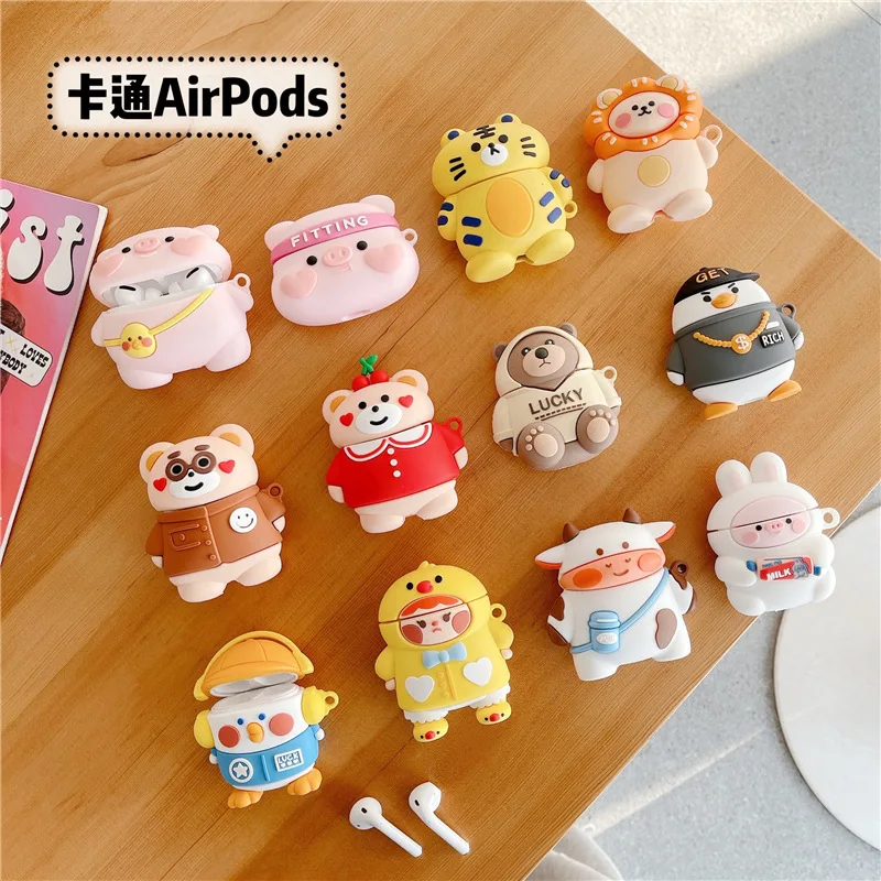 Чехол для Airpods чехол с милыми животными свинья/утка/Лев/тигр 1/2 мягкий силиконовый