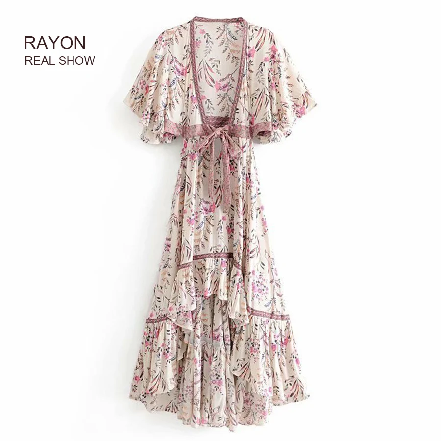 

Sexy Deep V-neck Boho Dress Strawberry Cream Floral Print Summer Dresses Irregular Dress Gypsy Women Dresses Vestidos
