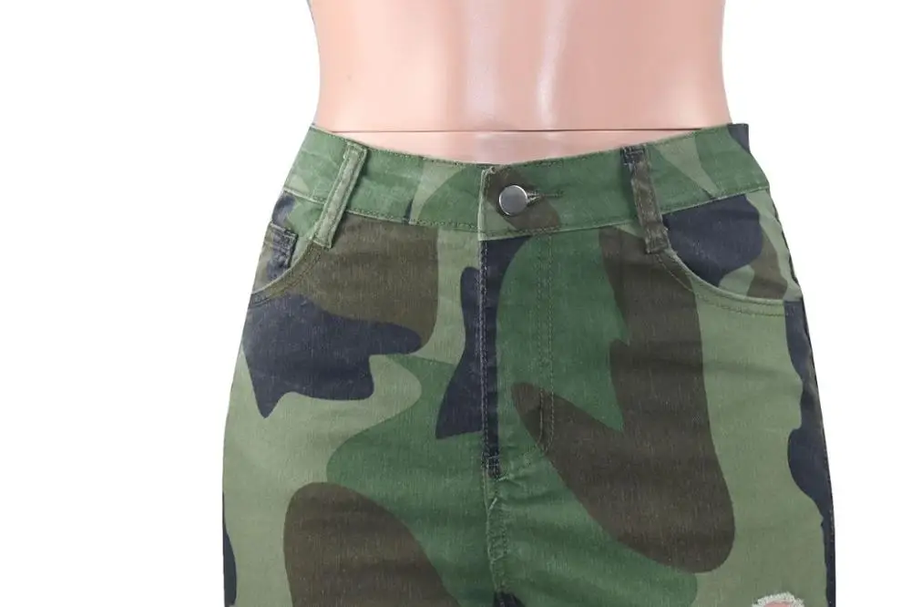 Модные камуфляжные расклешенные брюки с дырками женские повседневные вырезами
