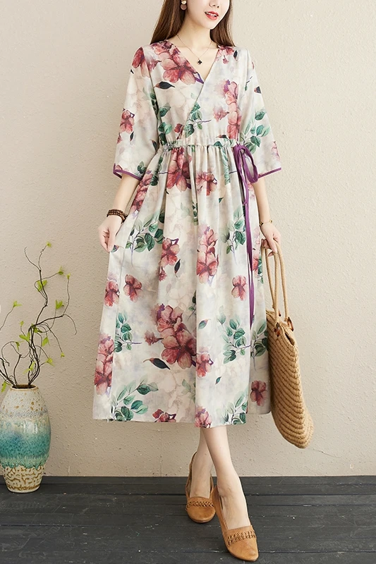 

COIGARSAM Print Women dress Spring Summer V-Neck Dresses 8826