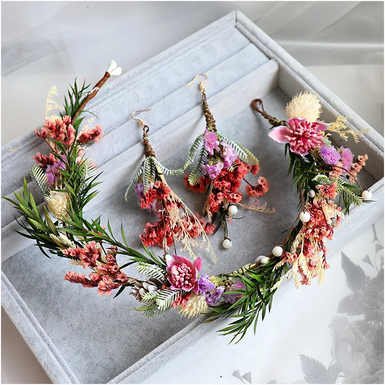 Bride's headdress Korean pink flowers fresh flower garlands super fairy hair decoration wedding ceremony jewelry | Украшения и