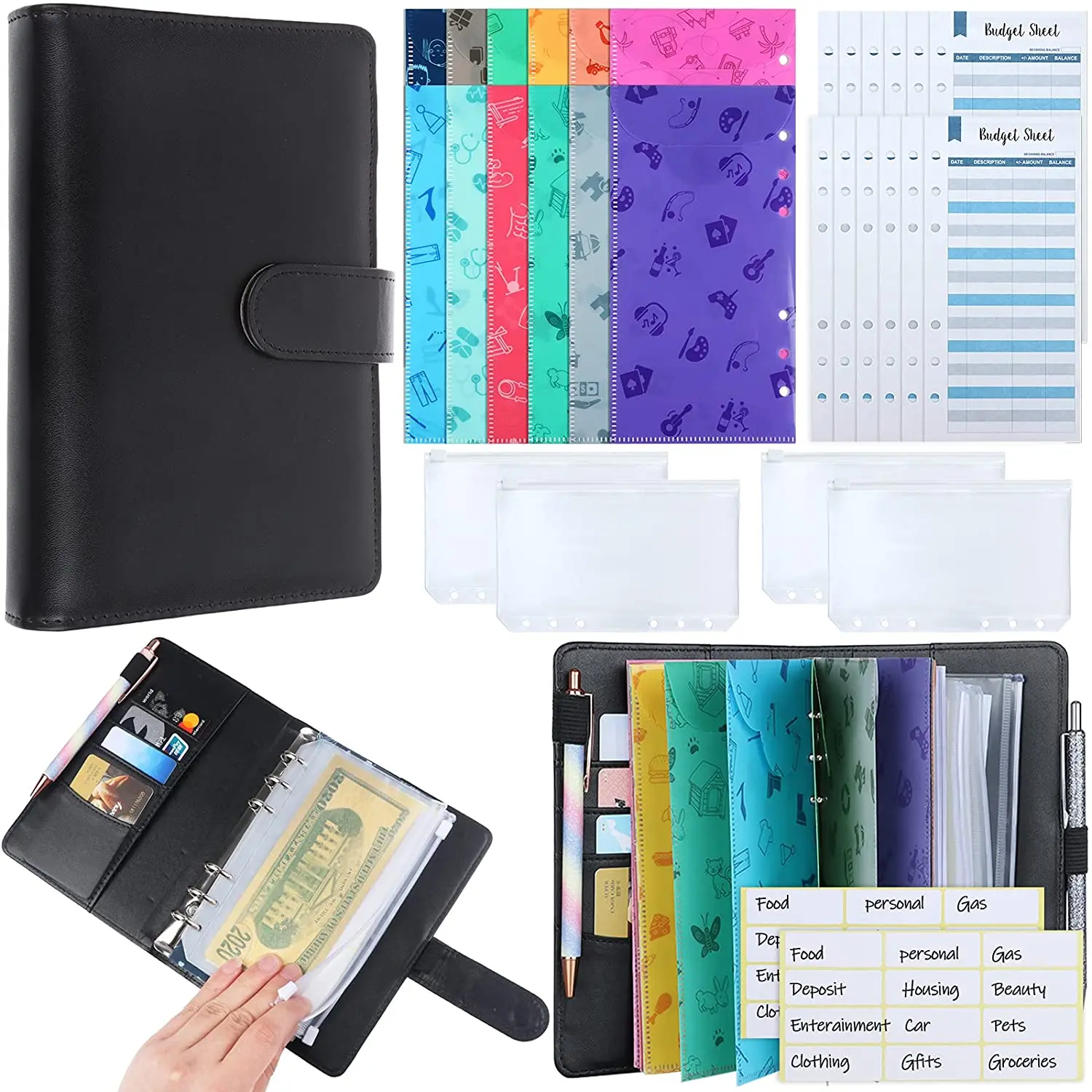 

31 Pieces PU Leather Budget Binder Cash Envelope System with 12PCS Budget Money Envelope and Expense Sheets and 4 Binder Pockets