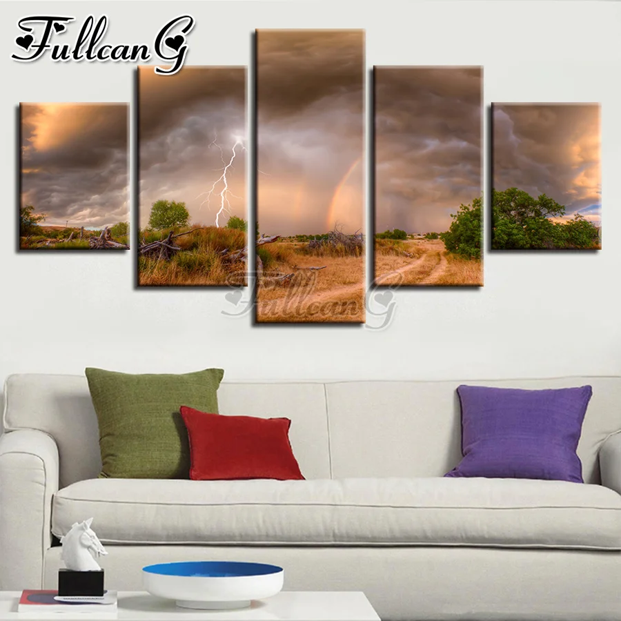 

FULLCANG Lightning natural scenery 5 piece diy diamond painting full square round drill mosaic embroidery sale home decor FC3499