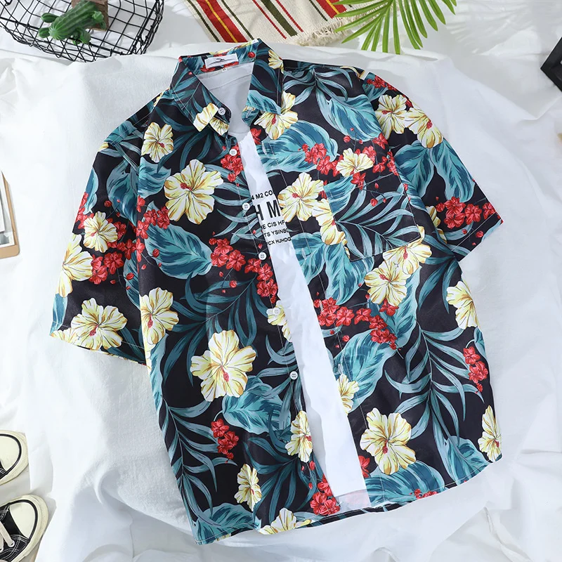

Summer 5-sleeve Lovers Thin Shirt Men's Loose Beach Flower Shirt Hawaii Seaside Holiday Short Sleeve Streetwear Shirts Men