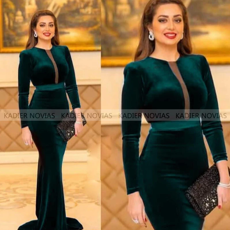 

New Arrival Long Sleeves Green Muslim Mermaid Evening Dress 2021 Velvet Robe de Soiree Elegant Prom Dresses Vestido de Festa