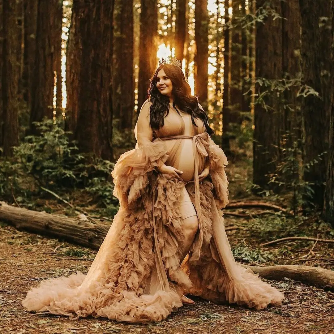 

Luxury Dark Champagne Maternity Gown Long Sleeves Puffy Wedding Sleepwear Bathrobes Nightgowns Robes Women Dress Kimono Tiers