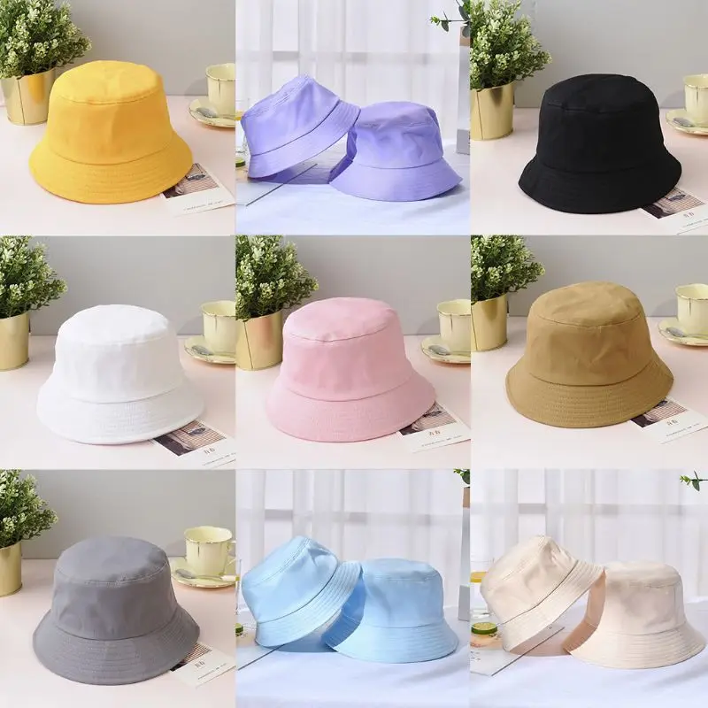 

Korean Adult Kids Summer Foldable Bucket Hat Solid Color Hip Hop Wide Brim Beach UV Protection Round Top Sunscreen Fisherman Cap