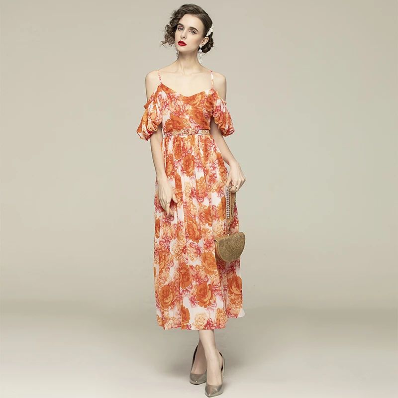 

ZUOMAN Women Summer Chiffon Dress Festa High Quality Long Wedding Party Robe Femme Vintage Floral Designer Pleated Vestidos