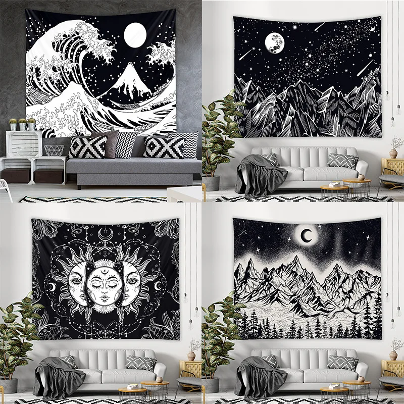 

White Black Sun Moon Mandala Tapestry Wall Hanging Celestial Wall Tapestry Hippie Wall Carpets Dorm Decor Psychedelic Tapestry