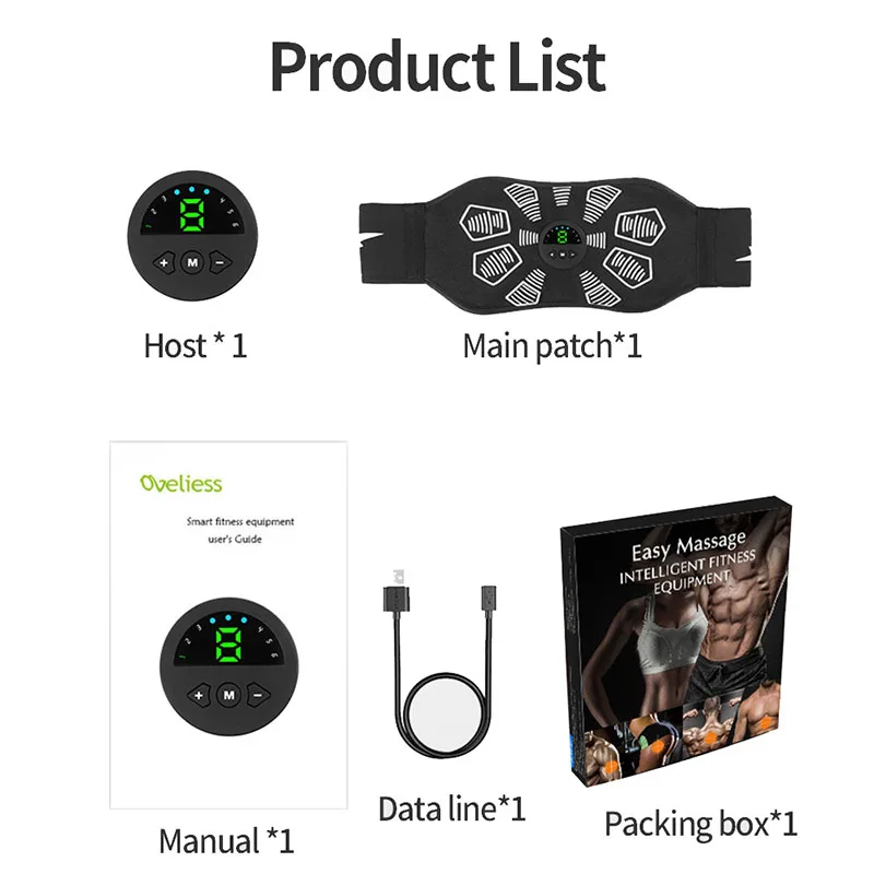 

Oveliness Unisex USB Charge EMS Muscle Simulator Smart Belly Abdominal Trainer Fitness Belt Fitness Massager Weight Lose Tool