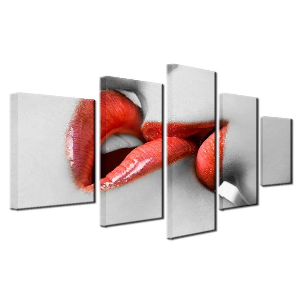 

Canvas Oil Painting Modular Cuadros Pictures Poster Art 5 Panel Red Lips Wall For Living Room HD Printed Cheap Framework