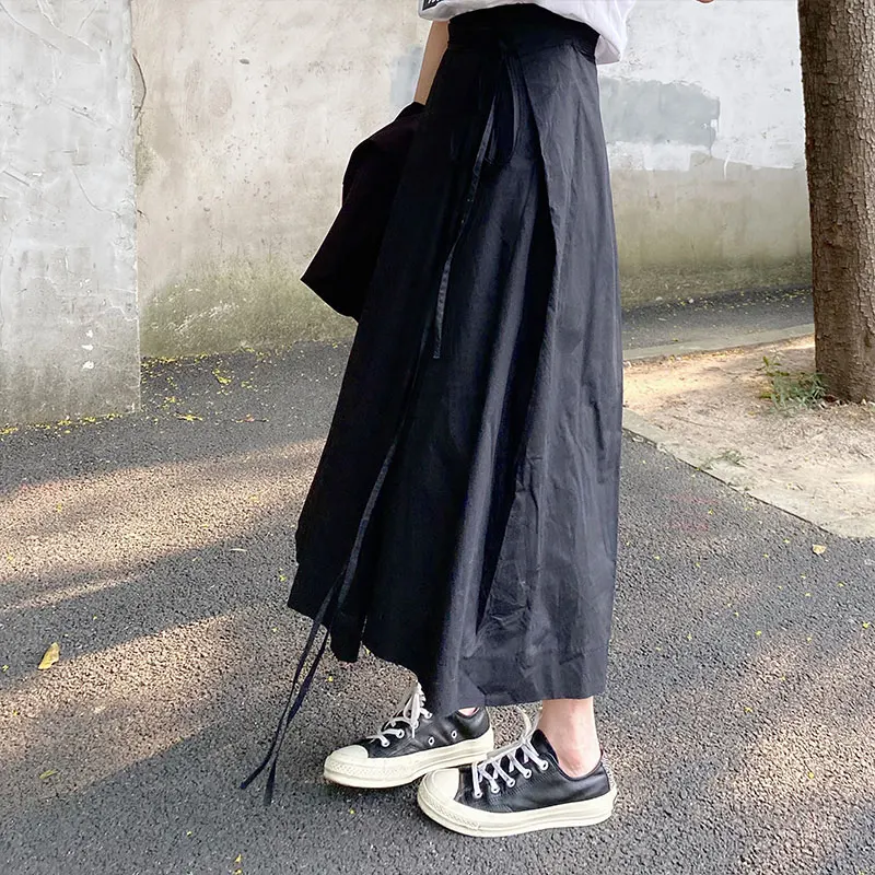 

2 colors Midi Skirt Women solid color Long Skirts Female irregular lace up High Waist a line skirts womens (X1572)