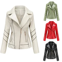 fashion womens faux leather turn down collar zipper stitching slim fit long sleeve solid colors motorcycle jacket outerwearg3