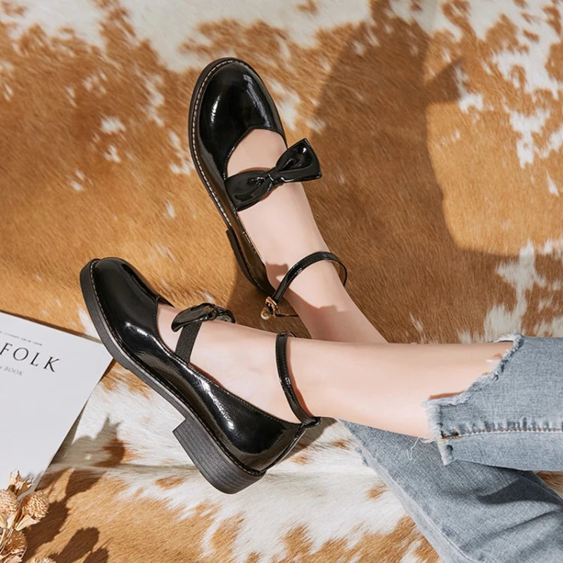 

Women Sweet fashion Student Lolita Shoes College Girl Uniform Round Toes Patent Leather Bowknot Mary Jane Shoe size 30-43 07-3