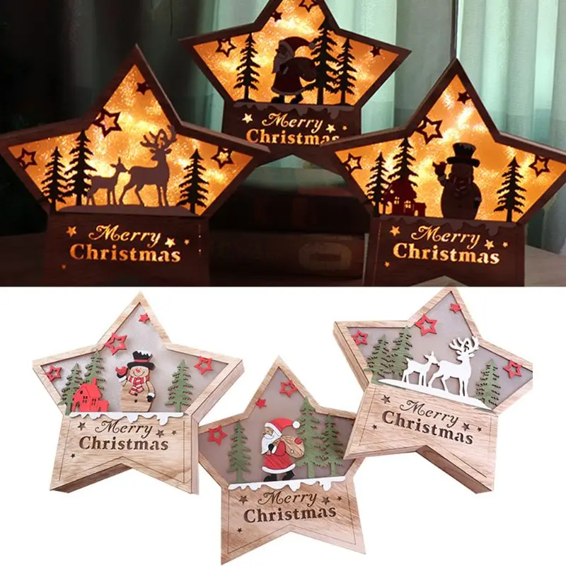Lighting Christmas Wooden Ornament LED Stars Shape Santa Claus Deer Decor Lamp Xmas Gift