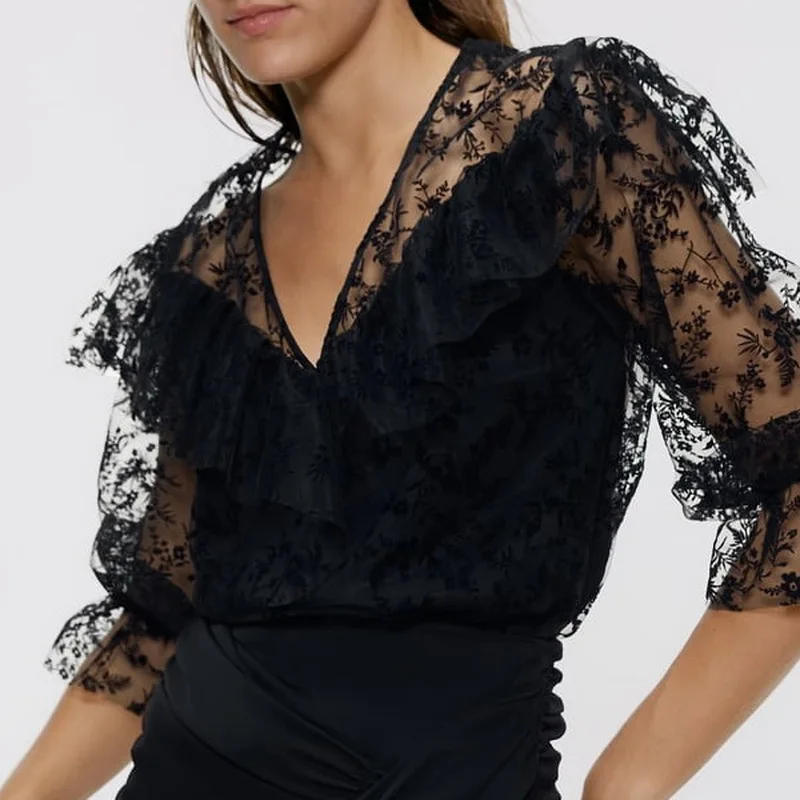 2019 za женские кружевные Вышитые Кружевные Прозрачные рубашки сексуальные блузки