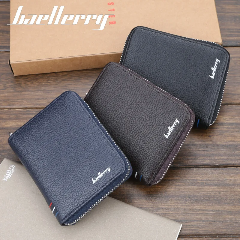 

Baellerry Brand New Zipper Men Wallets Black Soft Synthetic Leather Card Holder Small Wallet Male Purse Short